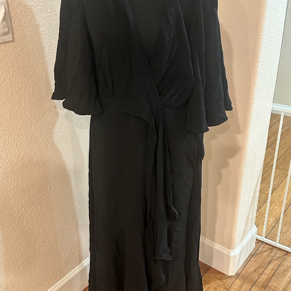 Kobi Halperin Black Wrap Tie Front Maxi Dress with Flutter Sleeves